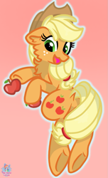 Size: 695x1146 | Tagged: safe, artist:rainbow eevee, derpibooru import, applejack, earth pony, pony, apple, applejack's hat, cowboy hat, female, food, freckles, gradient background, hat, hoof hold, simple background, solo