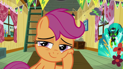 Size: 1280x720 | Tagged: safe, derpibooru import, screencap, scootaloo, the washouts (episode), cheek squish, clubhouse, crusaders clubhouse, lidded eyes, solo, squishy cheeks