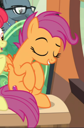 Size: 490x749 | Tagged: safe, screencap, apple bloom, scootaloo, earth pony, pegasus, pony, growing up is hard to do, cropped, cutie mark, down under, eyes closed, female, mare, offscreen character, older, older apple bloom, older scootaloo, sitting, smiling, solo focus, spread wings, the cmc's cutie marks, wings