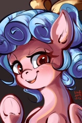 Size: 1012x1517 | Tagged: safe, artist:tohupo, cozy glow, pegasus, pony, bust, cozybetes, cute, female, filly, freckles, frog (hoof), looking at you, mare, open mouth, raised hoof, smiling, solo, underhoof