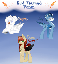 Size: 2320x2585 | Tagged: safe, artist:blocksy-art, derpibooru import, oc, oc only, oc:bone charm, oc:jay, oc:swanna, pegasus, pony, colored wings, female, mare