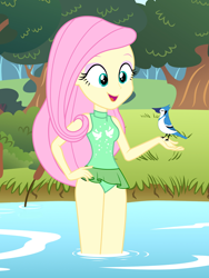 Size: 1536x2048 | Tagged: safe, artist:draymanor57, fluttershy, bird, human, equestria girls, clothes, female, one-piece swimsuit, river, solo, swimsuit