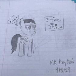 Size: 640x640 | Tagged: safe, artist:nightshadowmlp, oc, oc only, oc:steve k, pegasus, pony, 3, anniversary, lined paper, male, sign, solo, stallion, text, traditional art