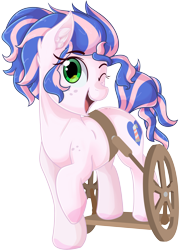 Size: 5160x7175 | Tagged: safe, artist:katakiuchi4u, oc, oc only, oc:bonita, earth pony, pony, 2020 community collab, babscon, babscon mascots, convention, convention mascots, derpibooru community collaboration, female, looking at you, mare, one eye closed, open mouth, open smile, smiling, smiling at you, solo, transparent background, wheelchair, wink, winking at you