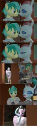 Size: 970x3260 | Tagged: safe, artist:andrescortez7, ocellus, sandbar, silverstream, anthro, changedling, changeling, classical hippogriff, earth pony, hippogriff, plantigrade anthro, 3d, bedroom eyes, clothes, comic, female, imminent kissing, interrupted, interspecies, lidded eyes, looking at each other, male, ocelbar, shipping, source filmmaker, straight, textless