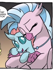 Size: 320x419 | Tagged: safe, artist:tonyfleecs, idw, ocellus, silverstream, smolder, changedling, changeling, classical hippogriff, hippogriff, spoiler:comic, spoiler:comicfeatsoffriendship03, cropped, cute, diaocelles, diastreamies, duo focus, eyes closed, hug, offscreen character, smiling