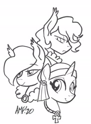 Size: 2200x3003 | Tagged: safe, artist:tonyfleecs, oc, oc only, oc:midnight measure, oc:oasis shade, oc:river rhythm, bat pony, unicorn, ankh, ear piercing, earring, female, jewelry, male, piercing, sketch