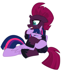 Size: 10258x11729 | Tagged: safe, artist:ejlightning007arts, tempest shadow, twilight sparkle, twilight sparkle (alicorn), alicorn, pony, armor, broken horn, crying, horn, hug, sad, simple background, transparent background, vector, wings