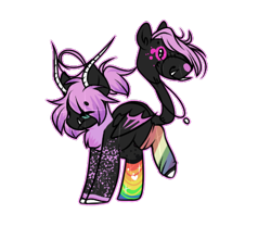 Size: 461x405 | Tagged: safe, artist:rukemon, oc, oc only, oc:miz-chef, demon, demon pony, original species, pony, augmented tail, bat wings, boots, clothes, coat markings, female, grin, heterochromia, horns, jewelry, mare, monster mare, necklace, rainbow socks, raised hoof, shoes, smiling, socks, solo, striped socks, taised hoof, wings