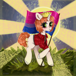 Size: 1000x1000 | Tagged: safe, artist:echo, derpibooru import, oc, oc only, oc:etoz, pony, unicorn, bisexual pride flag, bisexuality, blushing, clothes, crown, female, flag, jewelry, lgbt, majestic, pride, pride flag, regalia, shirt