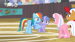 Size: 1366x768 | Tagged: safe, screencap, clear sky, quibble pants, wind sprint, earth pony, pegasus, pony, unicorn, common ground, baseball cap, cap, discovery family logo, female, field, filly, foal, hat, mare, nudge, outdoors, plot, raised hoof, stadium