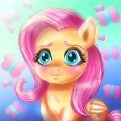 Size: 1024x1024 | Tagged: safe, artist:loveless-nights, fluttershy, butterfly, pegasus, pony, blushing, bust, cute, female, folded wings, looking at you, mare, shyabetes, smiling, solo, wings