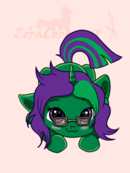 Size: 600x800 | Tagged: safe, artist:zobaloba, derpibooru import, oc, oc only, oc:buggy code, pony, unicorn, animated, behaving like a cat, blinking, chibi, commission, cute, female, full body, gif, glasses, happy, mare, simple background, solo, tail, tail wag, ych example, ych result