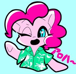 Size: 1200x1171 | Tagged: safe, artist:asg, pinkie pie, earth pony, pony, aloha, blue background, bust, clothes, cute, diapinkes, female, hawaiian shirt, mare, one eye closed, open mouth, shirt, simple background, solo, wink