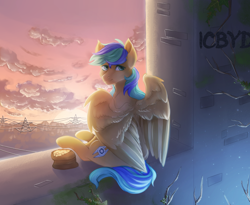 Size: 1464x1200 | Tagged: artist needed, safe, derpibooru import, oc, oc only, oc:naarkerotics, pegasus, pony, cloud, graffiti, looking at you, looking back, looking back at you, sitting, sky, solo, sunset, ych result