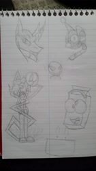 Size: 2988x5312 | Tagged: safe, artist:didun850, oc, oc:oji, changeling, changeling oc, lineart, lined paper, milk carton, notepad, photo, traditional art