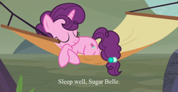 Size: 784x407 | Tagged: safe, edit, edited screencap, screencap, sugar belle, hard to say anything, cropped, cute, hammock, sleeping, sugarbetes, text, tree