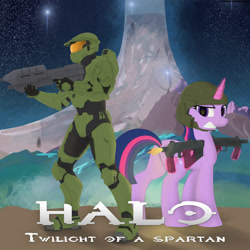 Size: 2000x2000 | Tagged: safe, artist:str1ker878, twilight sparkle, twilight sparkle (alicorn), alicorn, pony, glowing horn, gun, halo (series), halo array, horn, magic, master chief, submachinegun, telekinesis, weapon