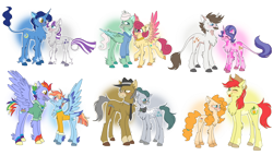 Size: 1024x581 | Tagged: safe, artist:lolwise, bow hothoof, bright mac, cloudy quartz, cookie crumbles, gentle breeze, hondo flanks, igneous rock pie, night light, pear butter, posey shy, twilight velvet, windy whistles, bat pony, classical unicorn, earth pony, pegasus, pony, unicorn, blushing, brightbutter, chest fluff, clothes, cloven hooves, coat markings, colored hooves, colored wings, cookieflanks, dock, eyes closed, fangs, female, frown, gradient wings, headcanon, headcanon in the description, husband and wife, leg fluff, leonine tail, male, mare, multicolored wings, nightvelvet, one eye closed, quartzrock, shipping, shys, simple background, smiling, stallion, straight, tongue out, transparent background, unshorn fetlocks, windyhoof, wings, wink