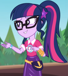 Size: 715x800 | Tagged: safe, screencap, sci-twi, twilight sparkle, better together, equestria girls, sunset's backstage pass!, clothes, collar, cropped, cute, female, forest, forest background, geode of telekinesis, glasses, hairclip, lidded eyes, logo, magical geodes, music festival outfit, ponytail, pouch, shirt, short sleeves, skirt, smiling, twiabetes, wrist wraps