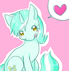 Size: 650x669 | Tagged: safe, artist:135sky, lyra heartstrings, pony, unicorn, blushing, cute, female, heart, looking at you, lyrabetes, mare, pictogram, pink background, pixiv, simple background, sitting, solo, speech bubble, tongue out