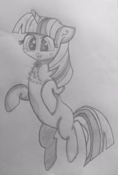 Size: 2204x3264 | Tagged: safe, artist:dashybestpony, twilight sparkle, unicorn twilight, pony, unicorn, blank flank, chest fluff, cute, female, mare, monochrome, simple background, solo, standing, tongue out, traditional art, young