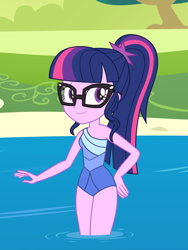 Size: 1536x2048 | Tagged: safe, artist:draymanor57, sci-twi, twilight sparkle, equestria girls, clothes, female, glasses, lake, one-piece swimsuit, ponytail, solo, swimsuit