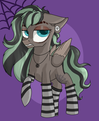 Size: 3224x3936 | Tagged: safe, artist:dumbwoofer, oc, oc:forest air, pegasus, pony, clothes, dyed mane, e-girl, edgy, eyebrows, gauge, ripped eyebrow, socks, solo, striped socks, tattoo, teenager