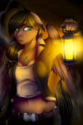 Size: 1920x2895 | Tagged: safe, artist:redwix, derpibooru import, oc, oc only, anthro, pegasus, 2017, anthro oc, belly button, cave, clothes, female, green eyes, lantern, midriff, pants, scribble netty, solo, ych result