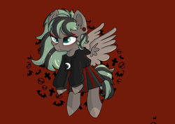 Size: 4448x3155 | Tagged: safe, artist:dumbwoofer, oc, oc only, oc:forest air, pegasus, pony, clothes, cute, dyed mane, ear piercing, edgy, gauges, goth, hoodie, piercing, pleated skirt, red background, simple background, skirt, solo, teenager