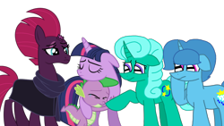 Size: 1920x1080 | Tagged: safe, artist:徐詩珮, fizzlepop berrytwist, glitter drops, spike, spring rain, tempest shadow, twilight sparkle, twilight sparkle (alicorn), alicorn, dragon, unicorn, series:sprglitemplight diary, series:springshadowdrops diary, alternate universe, broken horn, clothes, crying, female, glitterlight, glittershadow, horn, lesbian, mare, polyamory, scarf, shipping, simple background, sprglitemplight, springdrops, springlight, springshadow, springshadowdrops, tempestlight, transparent background