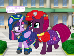 Size: 1440x1080 | Tagged: safe, artist:徐詩珮, fizzlepop berrytwist, tempest shadow, twilight sparkle, twilight sparkle (alicorn), alicorn, series:sprglitemplight diary, series:sprglitemplight life jacket days, series:springshadowdrops diary, series:springshadowdrops life jacket days, alternate universe, base used, clothes, cute, equestria girls outfit, female, lesbian, paw patrol, shipping, tempestlight