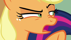 Size: 1280x720 | Tagged: safe, derpibooru import, screencap, applejack, twilight sparkle, twilight sparkle (alicorn), alicorn, earth pony, pony, the washouts (episode), close-up, female, mare, nose wrinkle, open mouth