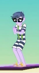 Size: 205x379 | Tagged: safe, screencap, microchips, better together, equestria girls, spring breakdown, clothes, cropped, feet, glasses, legs, male, male feet, sandals, shorts, smiling