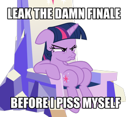 Size: 5312x4950 | Tagged: safe, edit, twilight sparkle, twilight sparkle (alicorn), alicorn, pony, sparkle's seven, annoyed, be careful what you wish for, caption, end of ponies, female, friendship throne, game of thrones, grumpy, harsher in hindsight, hilarious in hindsight, image macro, it happened, mare, meme, simple background, sitting, solo, text, transparent background, vulgar