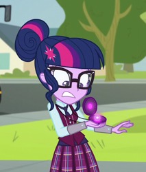 Size: 536x630 | Tagged: safe, derpibooru import, screencap, sci-twi, twilight sparkle, equestria girls, friendship games, clothes, cropped, crystal prep academy uniform, female, glasses, hair bun, magic capture device, plaid skirt, pleated skirt, school uniform, skirt, solo