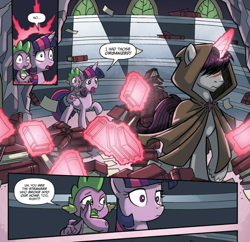 Size: 1262x1222 | Tagged: safe, artist:tonyfleecs, idw, shadow lock, spike, twilight sparkle, twilight sparkle (alicorn), alicorn, dragon, pony, unicorn, from the shadows, spoiler:comic, spoiler:comic51, book, cloak, clothes, comic, covered eyes, cropped, female, hood, library, magic, magic aura, male, mare, official comic, priorities, skewed priorities, speech bubble, stallion, telekinesis, that pony sure does love books, twilight's castle, twilight's castle library