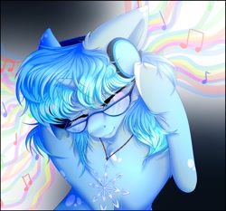 Size: 1280x1195 | Tagged: safe, artist:sketchytwi, oc, pony, unicorn, eyes closed, female, glasses, headphones, jewelry, mare, music notes, necklace, smiling, solo, unnamed oc