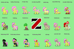Size: 1340x892 | Tagged: safe, fluttershy, bat pony, breezie, dragon, original species, pegasus, pony, spider, spiderpony, wolf, fanfic:bride of discord, dragonshy, .mov, amnesiashy, animal costume, bat ponified, bee costume, clothes, costume, elements of insanity, fluffy, flutterbat, flutterbee, fluttercow, fluttershed, fluttershout, fluttertree, green background, older, older fluttershy, police, pony town, pony.mov, race swap, shed.mov, simple background, slug, species swap, spidershy, swat, tree