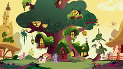 Size: 2880x1620 | Tagged: safe, screencap, fluttershy, spike, twilight sparkle, unicorn twilight, dragon, pegasus, pony, unicorn, friendship is magic, afternoon, beehive, dragons riding ponies, female, golden oaks library, male, mare, riding, tree, trio