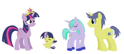 Size: 1216x532 | Tagged: safe, artist:springthornwillow, comet tail, twilight sparkle, twilight sparkle (alicorn), oc, oc:crystal shield, oc:fire sparks, alicorn, pony, unicorn, alicorn oc, baby, baby pony, base used, big crown thingy, colt, cometlight, element of magic, family, female, filly, jewelry, male, offspring, parent:comet tail, parent:twilight sparkle, parents:cometlight, regalia, shipping, simple background, straight, white background