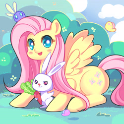 Size: 4724x4724 | Tagged: safe, artist:loki, angel bunny, fluttershy, butterfly, parasprite, pegasus, pony, rabbit, absurd resolution, animal, blushing, bush, carrot, colored pupils, cute, duo, female, food, looking at you, mare, open mouth, outdoors, pixiv, prone, shyabetes, smiling, spread wings, wings