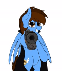 Size: 1783x2048 | Tagged: safe, artist:aaathebap, oc, oc only, anthro, pegasus, cape, clothes, ear fluff, grin, gun, looking at you, shotgun, smiling, weapon, wings