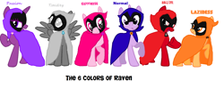 Size: 1620x646 | Tagged: safe, earth pony, pegasus, pony, unicorn, base used, cloak, clothes, colors of raven, cute, evil, female, happy, lazy, mare, normal, passion, rage, raven (teen titans), teen titans go, timid