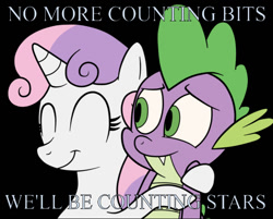 Size: 639x513 | Tagged: safe, artist:eagc7, editor:undeadponysoldier, spike, sweetie belle, dragon, pony, unicorn, black background, counting stars, cute, daaaaaaaaaaaw, eyes closed, female, filly, hug, male, one republic, shipping, simple background, song reference, spikebelle, straight, word art