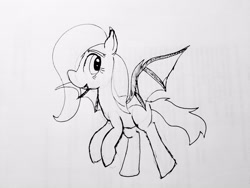 Size: 4032x3024 | Tagged: safe, artist:eden89, oc, oc:anarchy, draconequus, hybrid, pegasus, fanfic:anarchy: pony of chaos, absurd resolution, bat wings, black and white, fanfic art, female, filly, grayscale, interspecies offspring, monochrome, offspring, parent:discord, parent:fluttershy, parents:discoshy, sketch, solo, wings