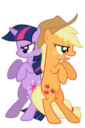 Size: 4500x6750 | Tagged: safe, artist:dharthez, applejack, twilight sparkle, unicorn twilight, earth pony, pony, unicorn, action pose, applejack's hat, cowboy hat, female, freckles, hat, m, mare, simple background, stetson, transparent background, vector