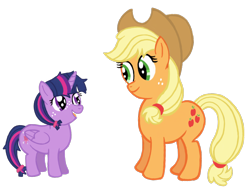 Size: 2732x2048 | Tagged: safe, artist:turnaboutart, applejack, twilight sparkle, twilight sparkle (alicorn), alicorn, earth pony, pony, fanfic:mama applejack, age regression, alternate cutie mark, alternate hairstyle, alternate universe, applejack's hat, cowboy hat, fanfic art, female, filly, hairband, hat, mare, mother and child, mother and daughter, parent and child, simple background, stetson, transparent background