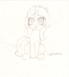 Size: 1184x1330 | Tagged: safe, artist:jetwave, oc, oc only, oc:cherry sundae, pony, unicorn, fallout equestria, fallout equestria: broken bonds, cute, fanfic art, female, large eyes, mare, monochrome, sitting, smiling, solo