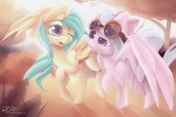 Size: 3350x2218 | Tagged: safe, artist:hamatte, flitter, oc, oc:mango foalix, pegasus, pony, duo, duo female, female, goggles, mare, one eye closed, spread wings, wings